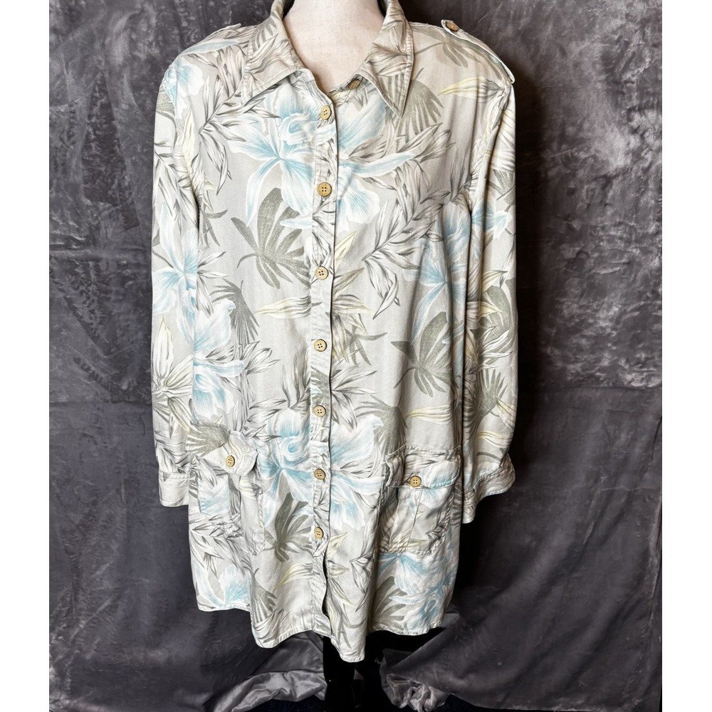 Natural Elements Dress Womens 20W Button Up 100% Silk ‎ Leaves Roll Tab Sleeves
